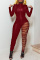 Red Fashion Sexy Solid Ripped Patchwork Chains Zipper Collar Skinny Jumpsuits