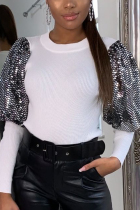 White O Neck Long Sleeve Patchwork Sequin Solid Long Sleeve Tops