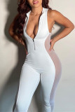 White Fashion Sexy Patchwork See-through Zipper Collar Skinny Jumpsuits