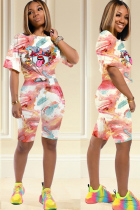 Orange venetian Fashion Ma'am adult Casual Two Piece Suits Print Patchwork Straight Short Sleeve Two-Piece