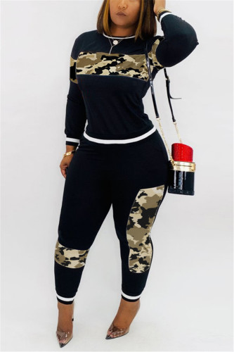 Black Fashion Casual Camouflage Patchwork Two-Piece Suit