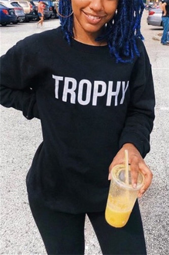Black Casual Sports Positioning Printed Letter Long Sleeve Top