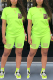 Fluorescent green Fashion Casual Leopard Print Pocket Set