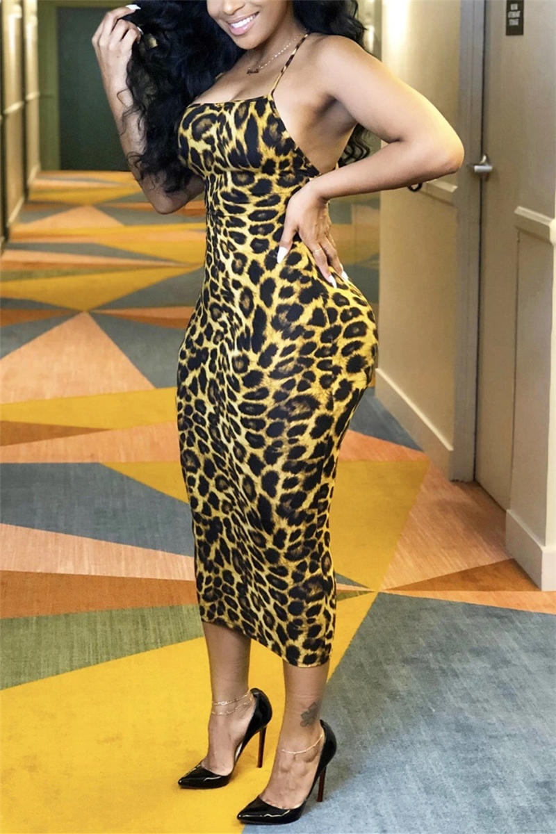 Sexy Leopard Print Yellow Sling Backless Dress