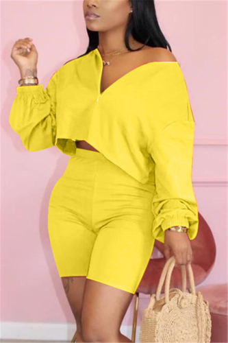 Yellow Fashion Casual Shorts Two-piece Set