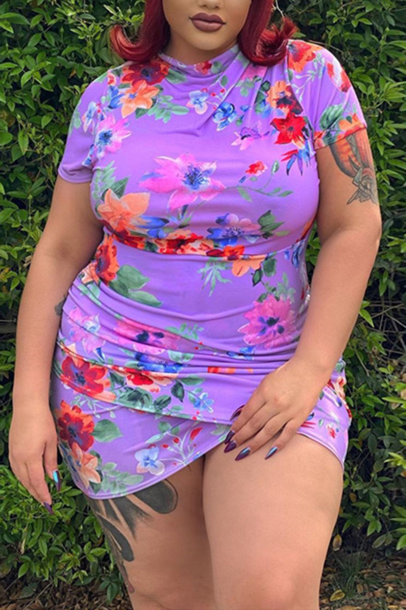 

Purple Sexy Fashion Printed Plus Size Short Sleeve Dress