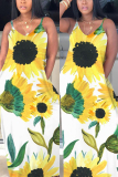 Yellow Casual adult Fashion Spaghetti Strap Sleeveless Slip Pencil Dress Ankle-Length Floral Prin