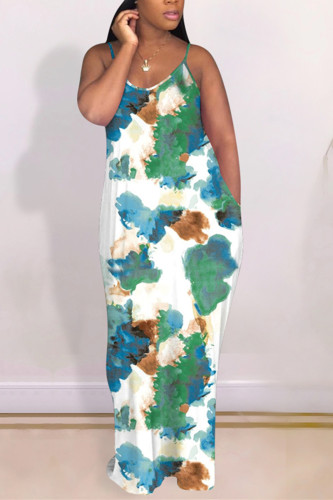 White Fashion Sexy Printed Suspender Dress