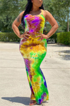 Yellow Sexy Tie-dye Printed Sling Long Dress