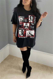 Black Fashion Casual Printed T-shirt Dress 