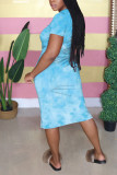 Blue Fashion Casual Printed Short-sleeved Dress