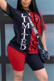 Red Fashion Casual Letter Printed T-shirt Stitching Set