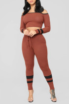 DarkBrown Fashion Casual Stitching Long Sleeve Two-piece Set