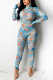 Blue Sexy Mesh Perspective Printed Jumpsuit