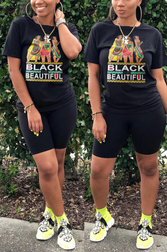 Black Fashion Casual Printed Short Sleeve Sports Set