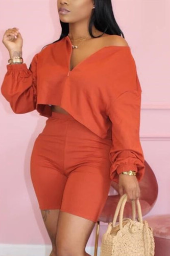 Orange Fashion Casual Shorts Two-piece Set