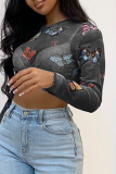 Light Blue Sexy Fashion Print Long Sleeve Top