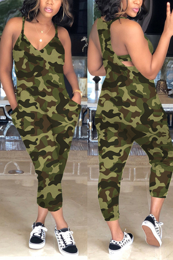 Green Sexy Fashion Print Sleeveless Slip Jumpsuits