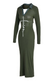 Green Fashion Casual Print Slit Turndown Collar Long Sleeve Dresses