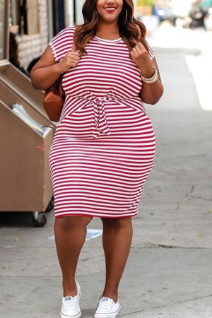 Red Fashion Casual Large Size Striped Dress