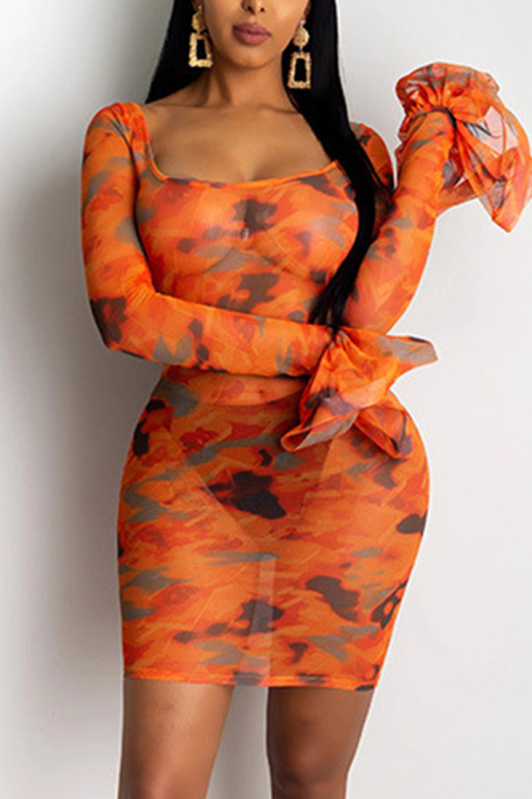 Orange Sexy Fashion Print Mesh Perspective Dress