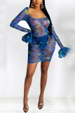 Blue Sexy Fashion Print Mesh Perspective Dress
