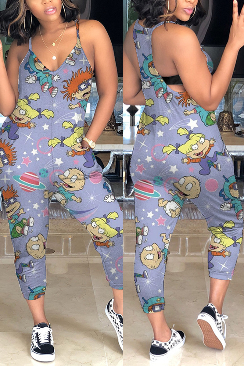 Fashion Cartoon Printed Green Sling Jumpsuit