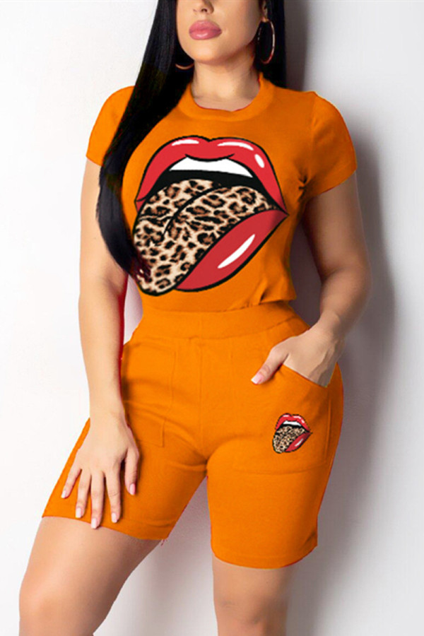 Orange Fashion Tongue Print T-shirt Casual Set