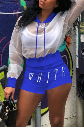 Dark Blue Fashion Casual Long Sleeve Top Shorts Set