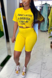 Yellow adult OL Fashion Letter Two Piece Suits Print pencil Short Sleeve