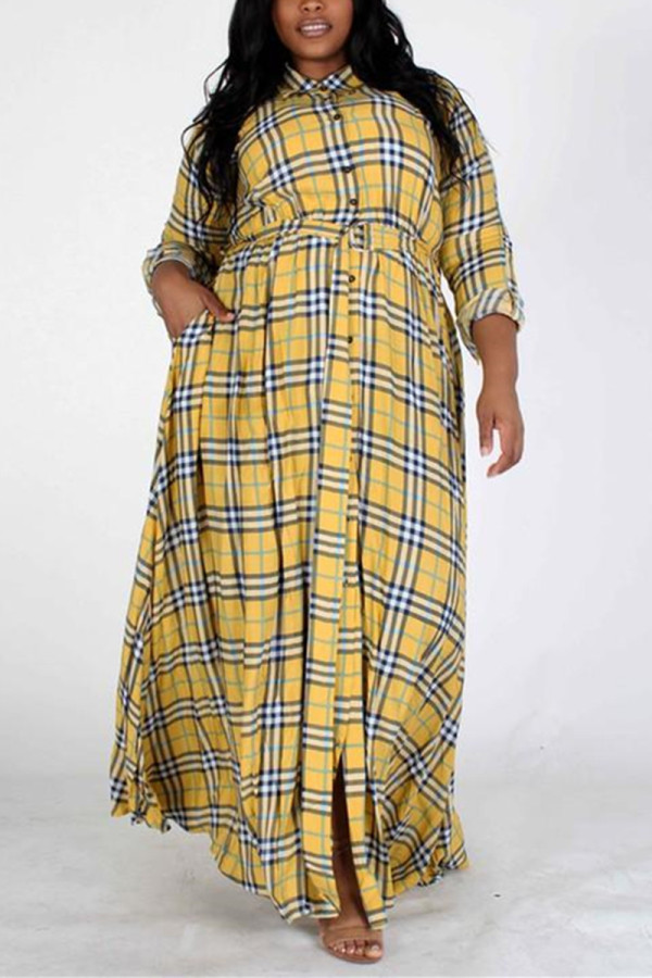 Yellow Fashion Vintage Plaid Long Sleeve Dress