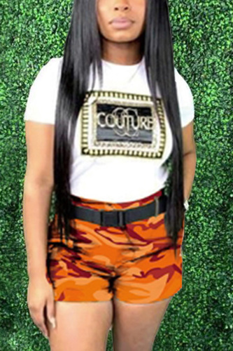 Orange Fashion Printed Short Sleeved T-shirt Shorts Set
