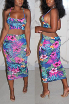Blue Sexy Fashion Print Sleeveless Top Skirt Set