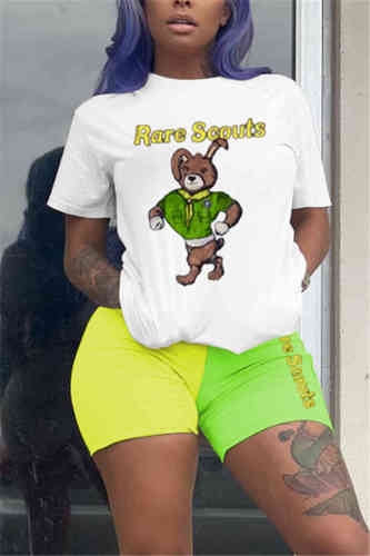 YellowGreen Fashion Cartoon Print T-shirt Patchwork Shorts Set