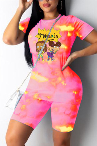 Rose Red Fashion Cartoon Printed T-shirt Casual Set
