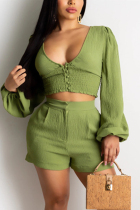 Green adult Fashion Ma'am Sexy Two Piece Suits Patchwork Solid Straight Long Sleeve Two-Piece Shor