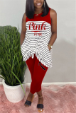 Red Fashion Casual Striped Letters Printing Sleeveless Set