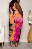 Pink Fashion Sexy Print Plus Size Suspender Dress