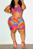 Multicolor Fashion Casual Printed Plus Size Shorts Set
