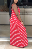 Red Sexy Fashion Spaghetti Strap Sleeveless Slip Step Skirt Ankle-Length Striped Solid Casual