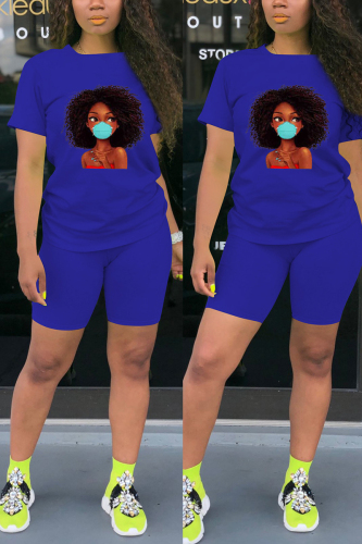 Blue Fashion Casual Printed T-shirt Sports Set