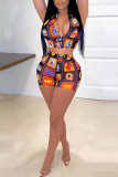 Fuchsia Fashion Sexy Print Zipper Vest Skirt Set