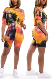 Green Fashion adult Casual Tie Dye Bandage Print Two Piece Suits Patchwork pencil Half Sleeve