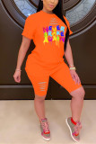 Orange Fashion Casual Letter Printed T-shirt Shorts Set