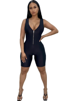Black Sexy Fashion zipper Patchwork Solid Sleeveless V Neck Rompers