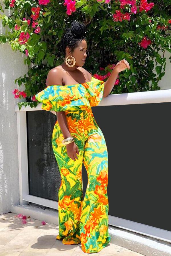

Yellow Sexy Fashion Print stringy selvedge one word collar Jumpsuits