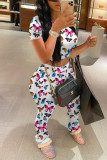 Pink Sexy Fashion Print Short Sleeve Top Trousers Set