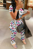 White Sexy Fashion Print Short Sleeve Top Trousers Set