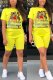 Yellow Fashion Casual Printed Short Sleeve Sports Set