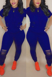 Dark Blue Fashion Casual Short Sleeve Trousers Two-piece Set